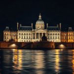 Здание Префектуры полиции Парижа на острове Сите над ночной Сеной