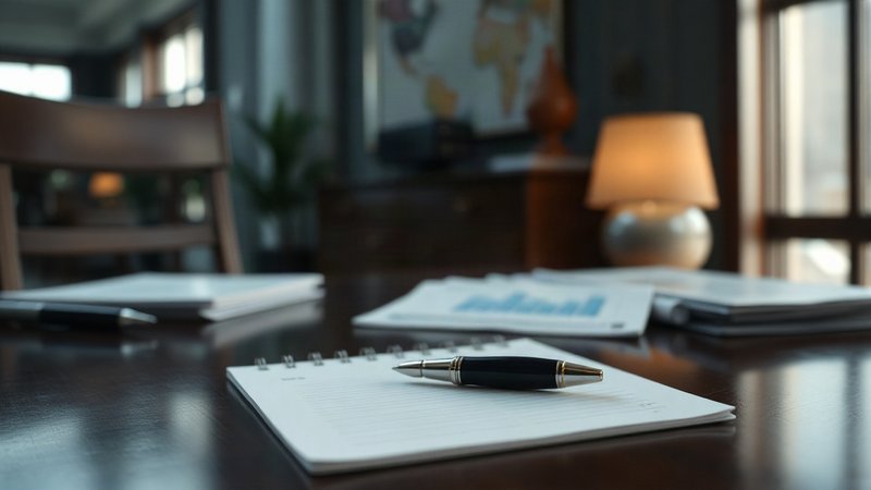 Рабочий стол с блокнотом и финансовыми отчетами в строгом офисном интерьере