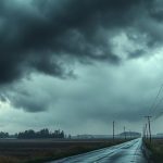 Штормовой ветер раскачивает поврежденные линии электропередач на фоне грозового неба в сельской местности Финляндии.