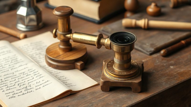 Латунный раздвижной микроскоп Янсена 1590 года на деревянной подставке.