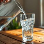 Прозрачный кувшин с чистой минеральной водой и стакан на деревянном столе