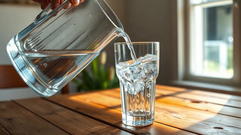 Прозрачный кувшин с чистой минеральной водой и стакан на деревянном столе
