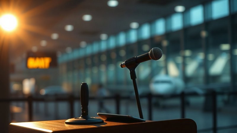 Микрофоны на трибуне для официальных заявлений на фоне терминала аэропорта