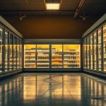 Витрины супермаркета с конденсатом на стеклянных дверцах после отключения системы охлаждения