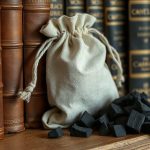 Льняной мешочек с кусочками березового древесного угля стоит на деревянной полке рядом со старинными книгами.