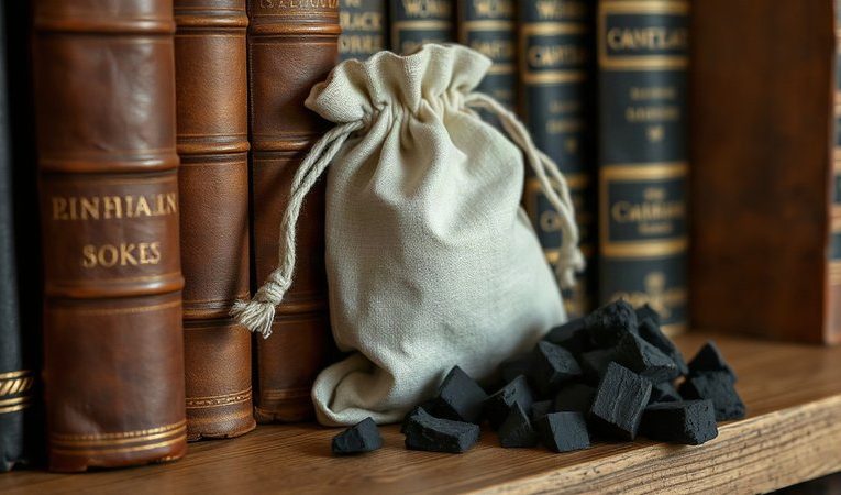 Льняной мешочек с кусочками березового древесного угля стоит на деревянной полке рядом со старинными книгами.