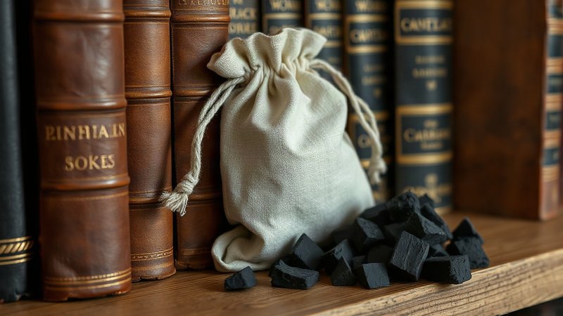 Льняной мешочек с кусочками березового древесного угля стоит на деревянной полке рядом со старинными книгами.