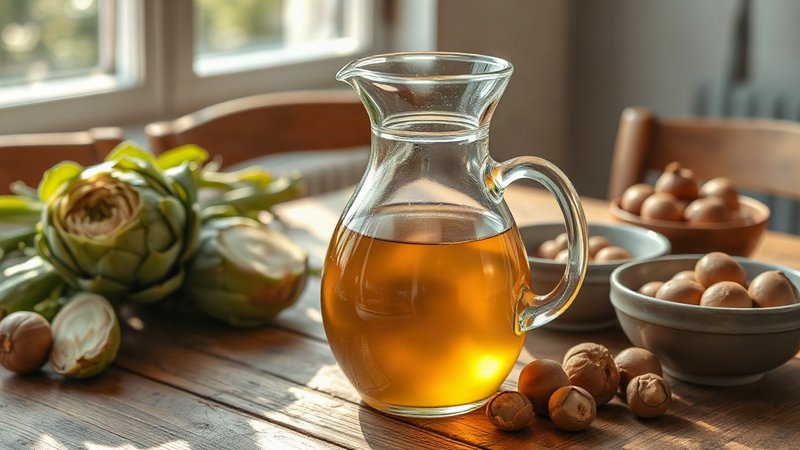 Прозрачный кувшин с чаем из артишока и плоды свежего лесного ореха