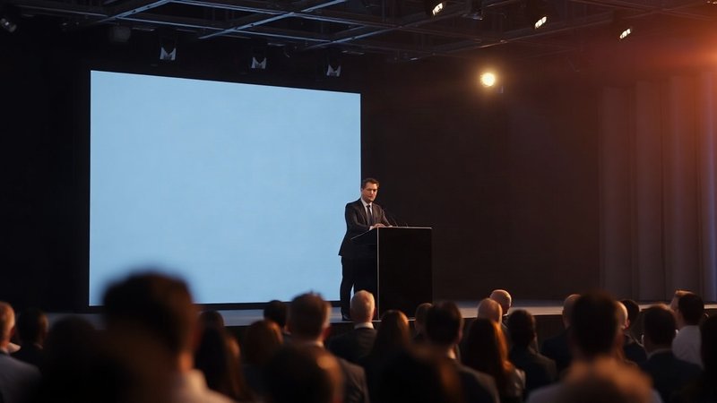 Выступление докладчика за трибуной на международном деловом технологическом форуме