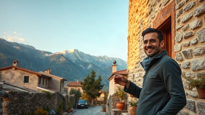 Мужчина с ключами от жилья на фоне традиционного городка Флорина в Греции