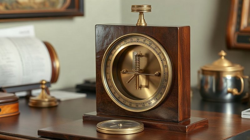 Металлический анероид Види с открытым механизмом гофрированной коробки и передаточных рычагов.