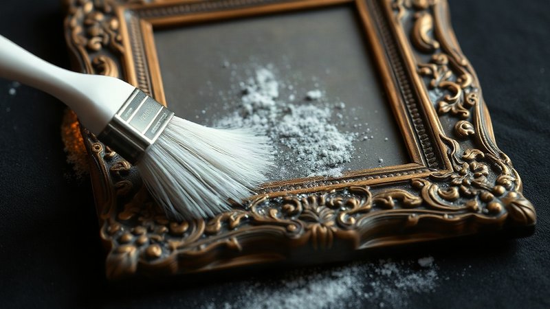 Мягкий белый канцелярский ластик бережно очищает витой узор старинной деревянной рамки для картины.