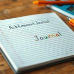 Красивый открытый блокнот Дневника побед с цветной ручкой лежит на рабочем столе школьника.