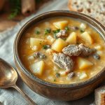 Густой деревенский кулеш с пшеном, картофелем и шкварками в глиняной глубокой миске с деревянной ложкой.