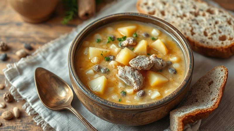 Густой деревенский кулеш с пшеном, картофелем и шкварками в глиняной глубокой миске с деревянной ложкой.