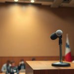 Микрофон на трибуне для официальных заявлений и пресс-конференций