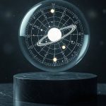 Парящая голографическая небесная сфера над минималистичным постаментом