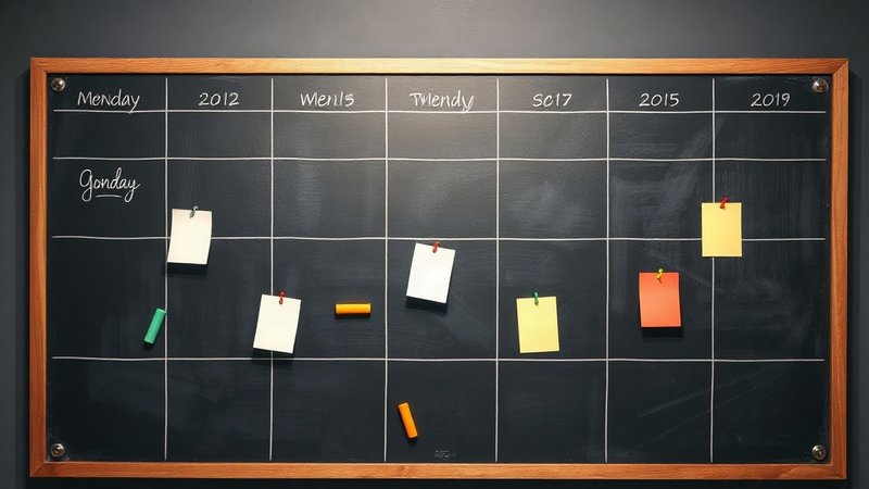 Большая настенная магнитно-грифельная доска с расчерченным недельный календарем, цветными мелками и магнитами.