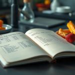 Рабочий стол ученого с открытым журналом научных наблюдений и тарелкой питательных продуктов при теплом освещении.