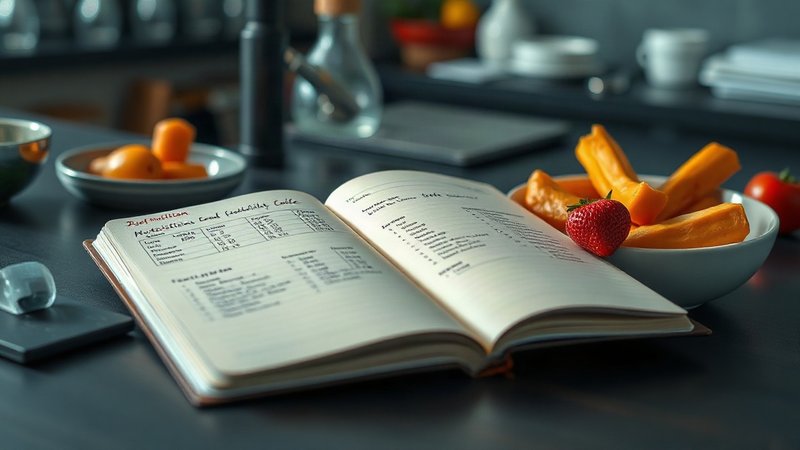 Рабочий стол ученого с открытым журналом научных наблюдений и тарелкой питательных продуктов при теплом освещении.