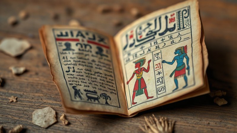 Страница старинного Дрезденского кодекса майя с иероглифами и цветными рисунками.