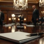 Стол дипломатических переговоров с официальными документами о финансовой поддержке реформ в зале европейских институтов