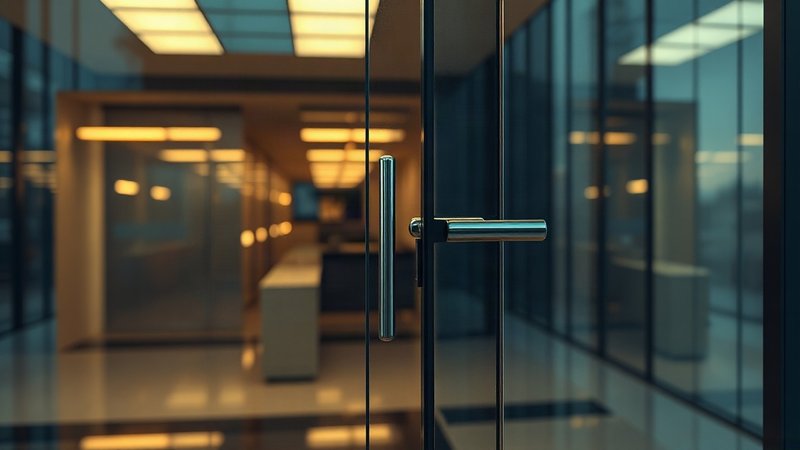 Закрытая стеклянная дверь корпоративного офиса с видом на пустой холл в вечернее время