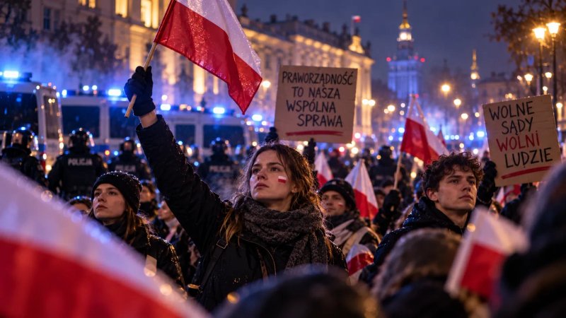 Штативы телекамер и микрофоны журналистов у входа в здание государственного органа в Варшаве