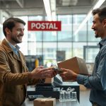 Сотрудник почтового отделения передает картонную посылку клиенту со смартфоном у стойки выдачи