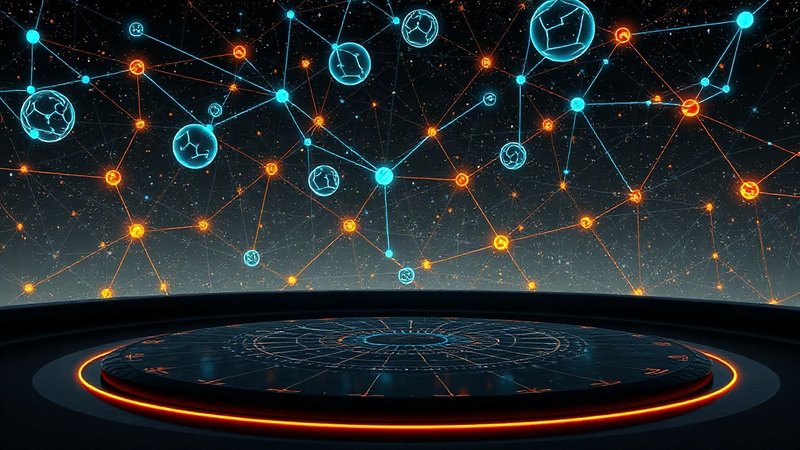Голографическая трехмерная проекция созвездий зодиака над темным планшетом