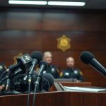 Трибуна с микрофонами для официальных заявлений правоохранительных органов