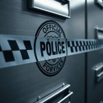 Опечатанный полицейской лентой металлический шкаф с вещественными доказательствами по уголовному делу.