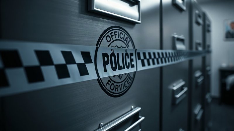 Опечатанный полицейской лентой металлический шкаф с вещественными доказательствами по уголовному делу.