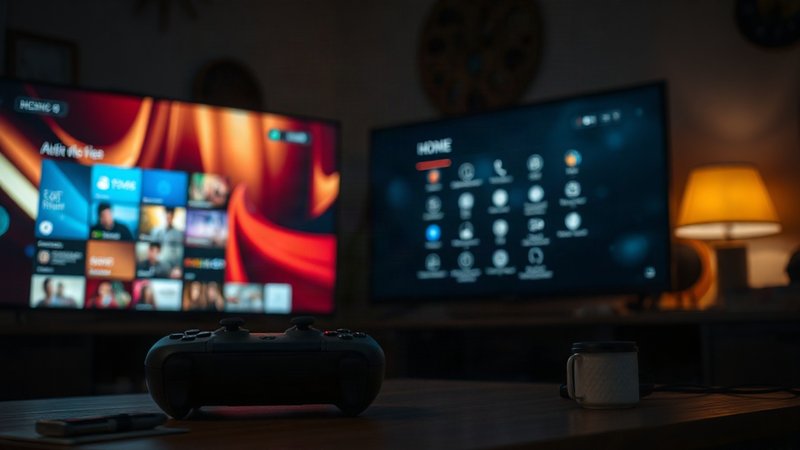 Игровая консоль возле включенного экрана телевизора в вечерней комнате