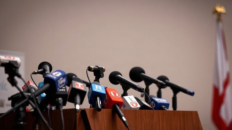 Микрофоны на трибуне для пресс-конференций политических лидеров во время избирательной кампании