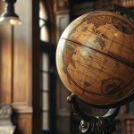 Старинный небесный глобус с золочеными созвездиями и знаками зодиака на резной деревянной подставке.