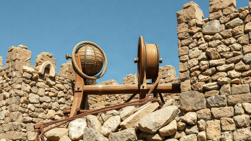 Деревянная античная баллиста с воловьими жильными торсионами и камнеметом.