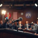 Микрофоны на трибуне для прессы во время официального брифинга по финансовым вопросам