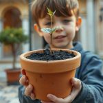 Маленький глиняный горшок с сухой землей без цветка в руках