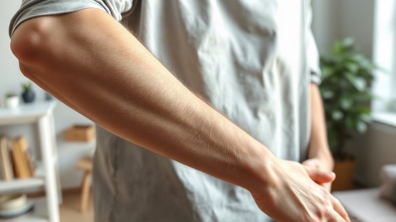 Мужчина нажимает большим пальцем на точку Нэй-Гуань на предплечье противоположной руки.