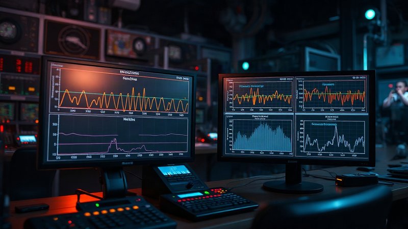 Мониторы в центре управления лазерным комплексом с графиками интенсивности рентгеновского излучения