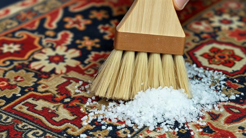 Мелкая сухая поваренная соль рассыпана по ворсу старинного шерстяного ковра с винтажным узором перед сметыванием мягкой щеткой.