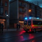 Машина скорой помощи возле жилого дома в Мадриде в вечернее время во время выселения