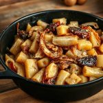 Сочная тушеная квашеная капуста со шкварками и луком в чугунной сковороде.