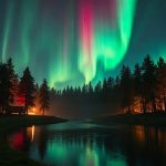 Полярное сияние над северным лесом и фьордом во время геомагнитного шторма