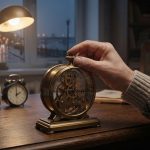 Уютный подоконник с чашкой кофе и открытой книгой на фоне осеннего дождя за стеклом, рядом стоят аккуратные настольные часы с четким циферблатом