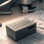 Рабочий стол инженера с чертежами и экспериментальным образцом цементного конденсатора