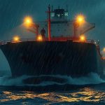 Крупный нефтяной танкер рассекает бурные морские волны во время шторма и дождя