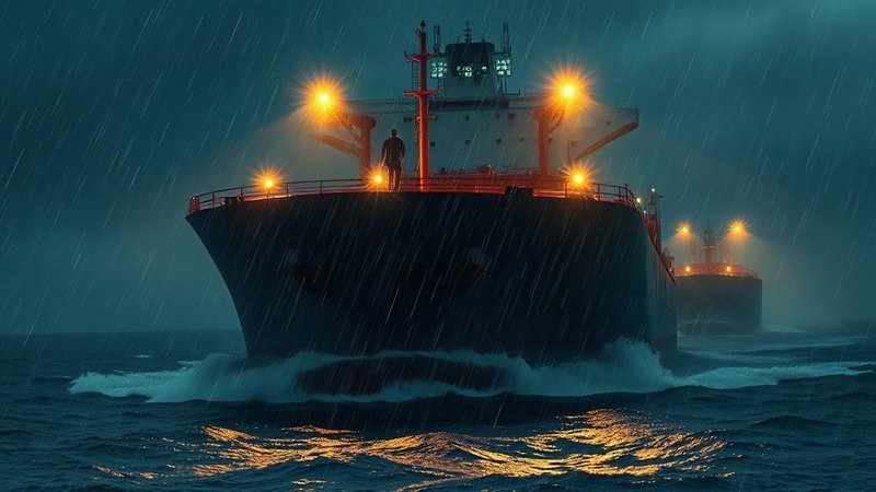 Крупный нефтяной танкер рассекает бурные морские волны во время шторма и дождя