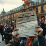 Уведомление о выселении в руках манифестанта на фоне многотысячного митинга на площади Пуэрта-дель-Соль в Мадриде